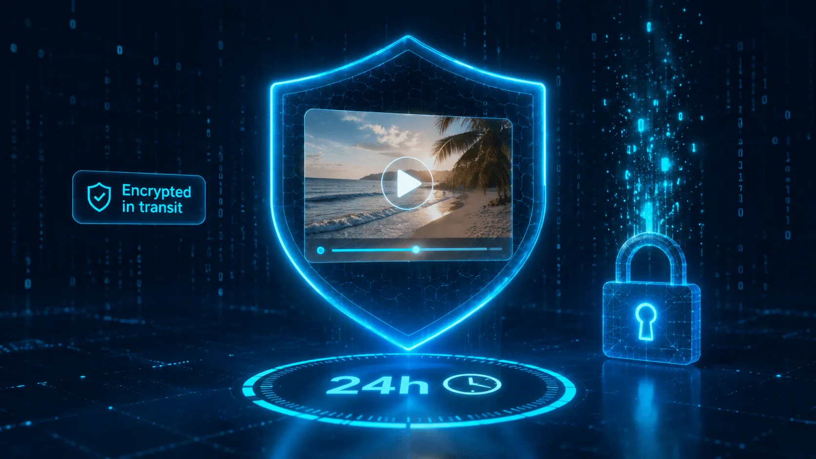 Sicherheitsvisualisierung: eine Videodatei hinter einem leuchtenden cyanfarbenen Schloss-Symbol mit 24-Stunden-Auto-Lösch-Countdown, dunkelblauer Hintergrund mit Datenschutz-Schild